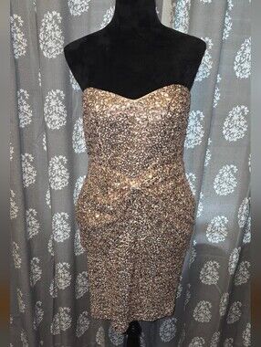 Badgley Mischka Mark & James Rose Gold Strapless Sequin Bow Dress Size 8